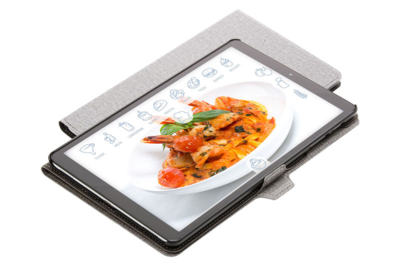 E-Menü mit Hülle und Restaurant Karte auf dem Display