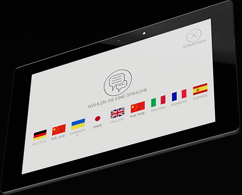 Tableta de menú electrónico con selección de idioma en la pantalla