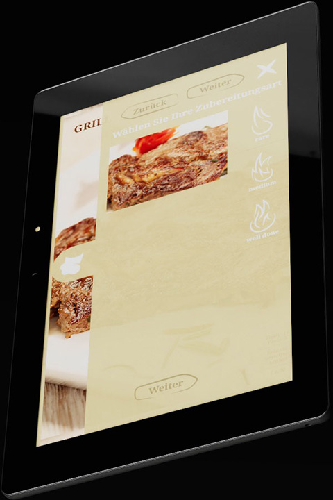 Tableta de menú electrónico con selección de tipo de preparación en la pantalla