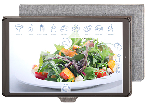 E-Menü mit Salat auf dem Display