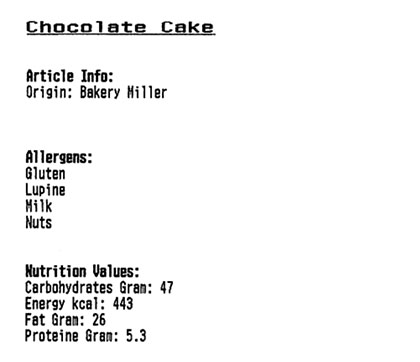 Receipt printout with product nutritional values and allergens