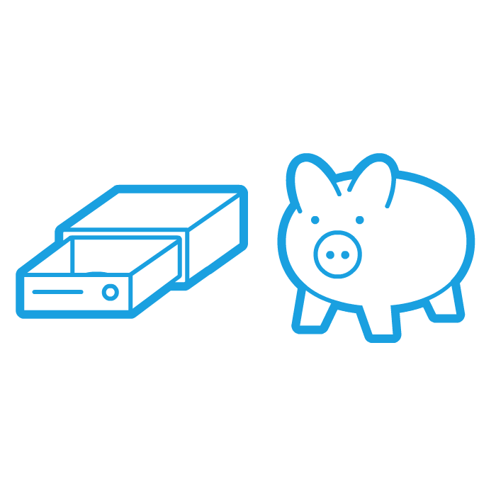 Animation, money flies from drawer into piggy bank